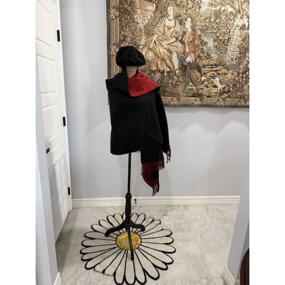 Kate Landry Preston & York Scarf Beret Hat Set‎ Womens One Size Black Red Wool